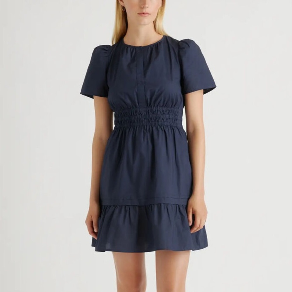 Quince Navy Organic Cotton Tiered Mini Dress NWT
